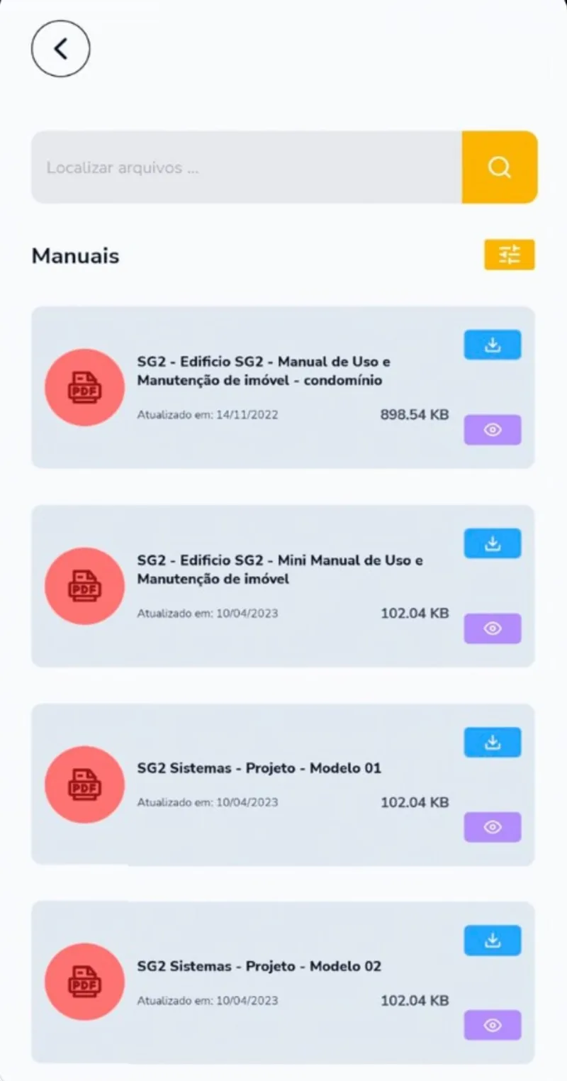 Lista de manuais do empreendimento no app Guiare SG2 Sistemas, com busca e botões para baixar e visualizar cada documento
