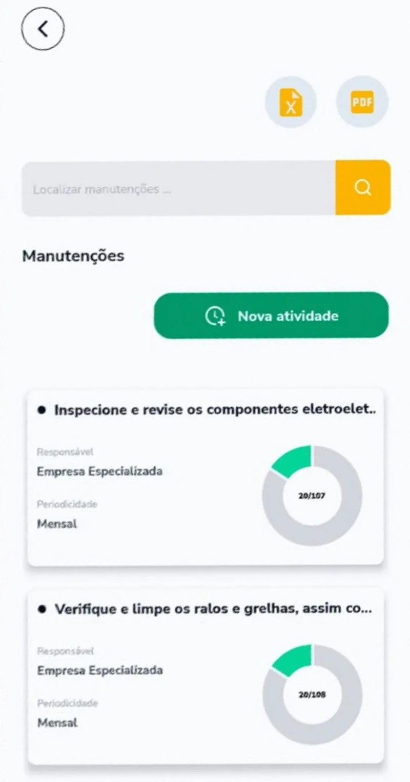 Plano de manutenção no app Guiare SG2 Sistemas: atividades com responsável, periodicidade e execuções feitas, e botão para registrar nova atividade